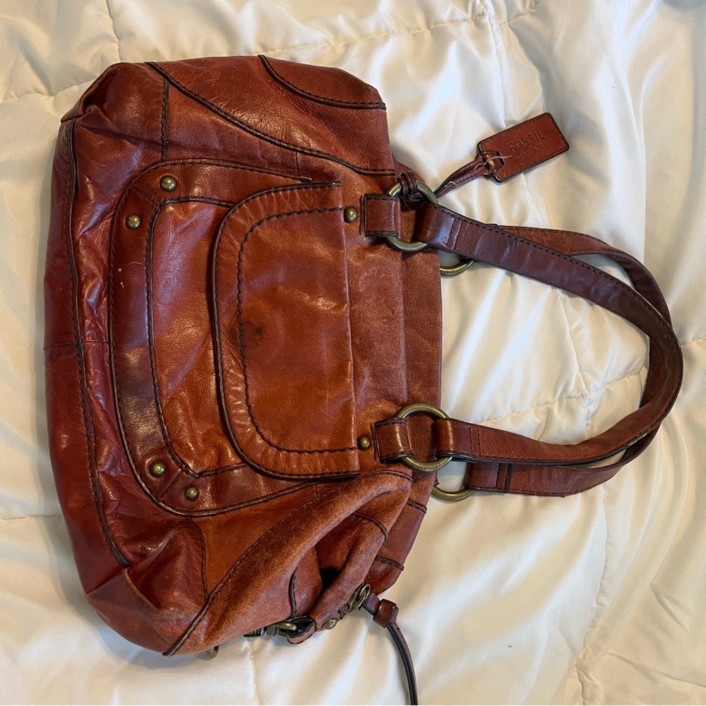 SOLD-Fossil Brown Leather Shoulder Bag with Distinctive Stitching